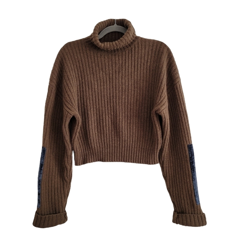 MO&Co Edition 100% Wool Olive Green Turtleneck Sweater Chunky Ribbed Knit